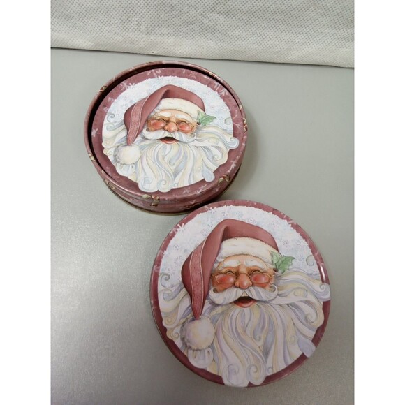 Vintage Christmas‎ Set Of 4 Tin Coasters With Tin Storage Box Old Time Santa - Picture 4 of 5